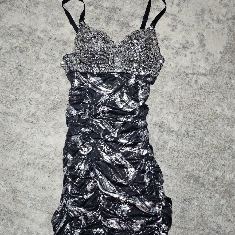 Black and Silver Ruched Mini Dress with Sweetheart Neckline